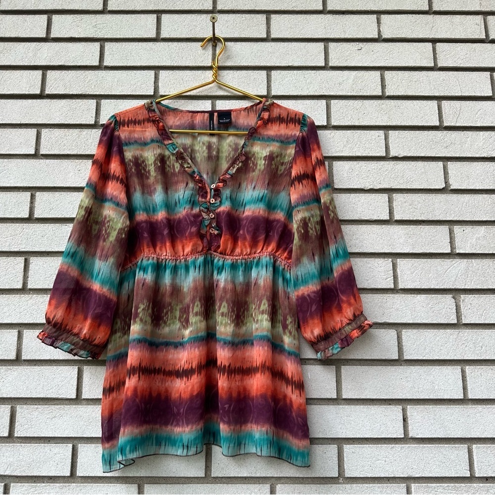New Directions Sheer Tie-Dye Boho Ruffle Blouse L Whimsigoth Fairycore Top